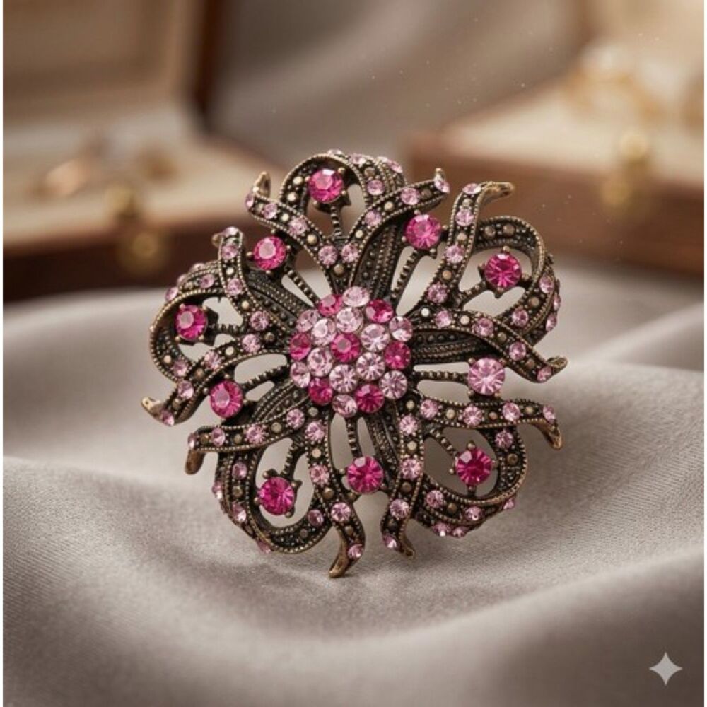 Flower Brooch Pin Filigree Openwork Bronze Tendril Pink Rhinestones Regency